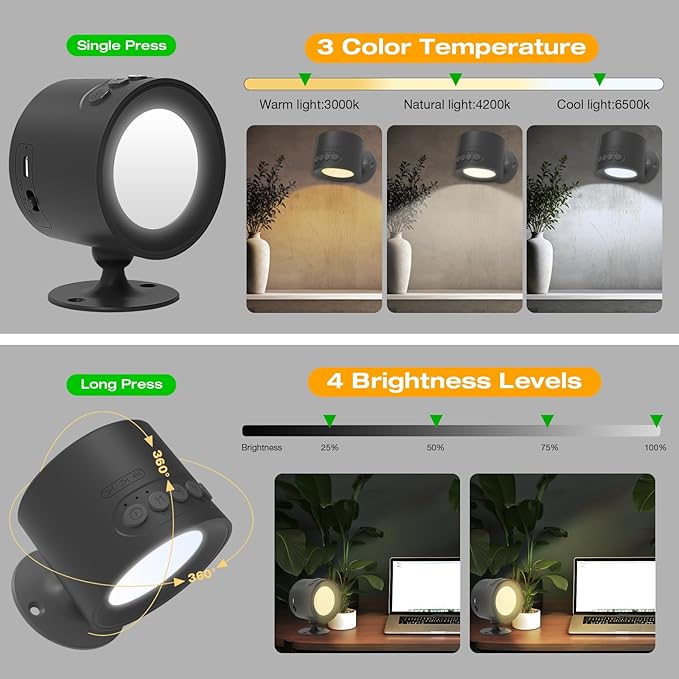 2 in 1 White Noise Sound Machine & LED Wall Sconce with 30 Soothing Sounds Sleeping Timer Motion Sensor Dimmable Night Light 360° Rotate 2200mAh Rechargeable Battery Operated for Bedroom Nursery