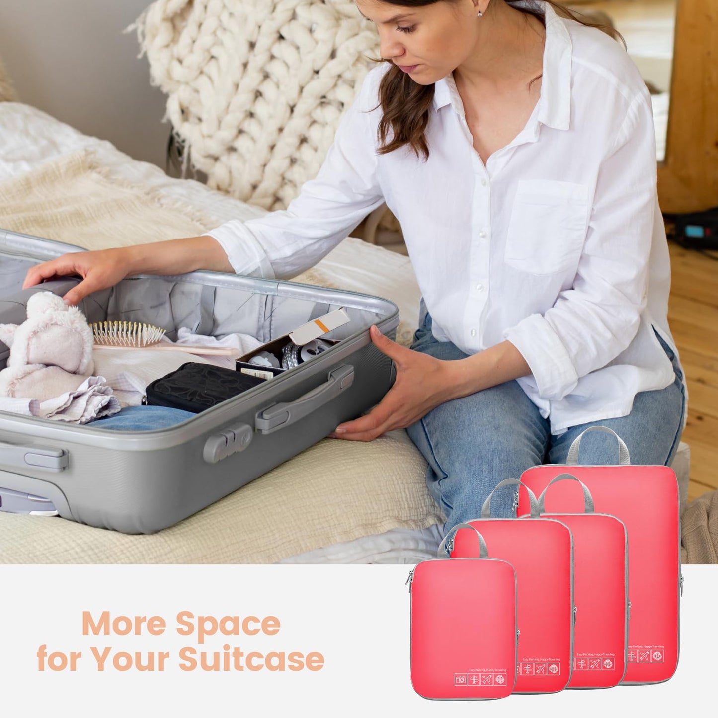 Cambond Compression Packing Cubes for Travel, 4 Pack Luggage Packing Organizers Travel Essentials Bags Compression Cubes for Carry on Suitcases, Watermelon Pink