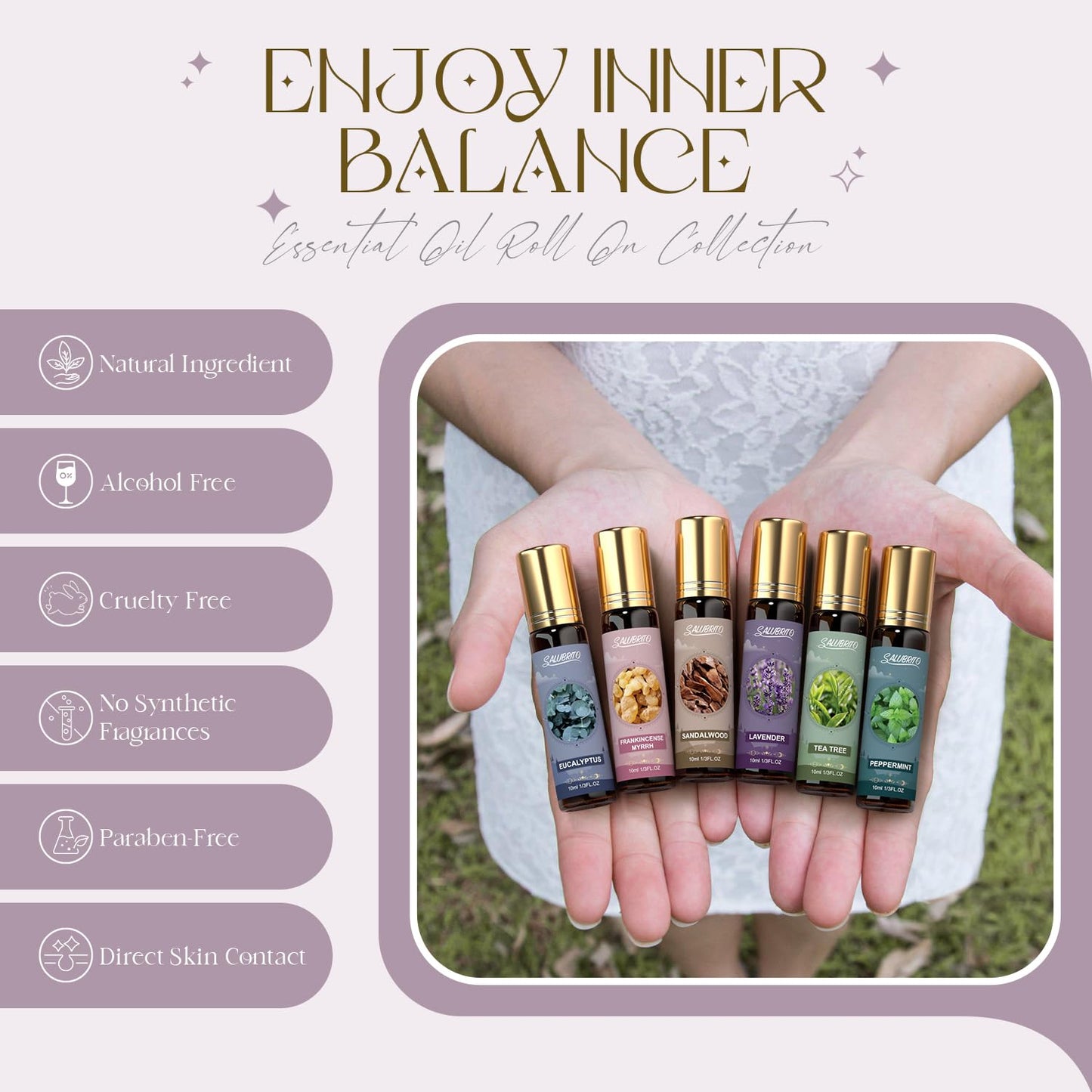 SALUBRITO Wellness Essential Oil Roll On Gift Set, Aromatherapy Oil with Roller Ball for Body Skin, Massage - Lavender, Peppermint, Tea Tree, Frankincense, Myrrh, Eucalyptus, Sandalwood Essential Oil