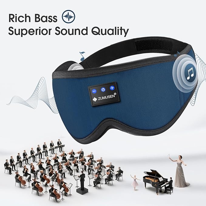 ZUMUSEN Bluetooth Sleep Headphones, 3D Wireless Music Eye Mask with Ultra-Thin Stereo Speakers, Adjustable Sleep Mask for Side Sleepers, Perfect for Travel, Meditation, Relaxation