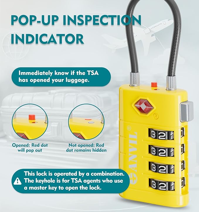 ANVIL 4 Digit Luggage Locks, TSA Locks for Luggage, Advanced TSA008 core, Alert Indicator for Your Travel Lock, Suitcase Lock. (3, Yellow)