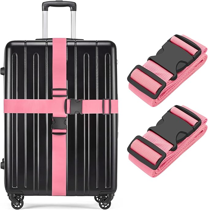 BILIONE Luggage Straps, 79" Long Belts Keep Suitcase Secure While Traveling, TSA Approved Add a Bag Premium Accessory for Travel Bag Closure (2PCS Pink)
