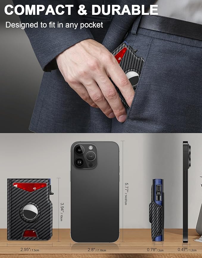 Airtag Wallet for Men, Minimalist Slim Mens Wallet Smart Pop Up Credit Card Holder for 9-13 Cards, RFID Blocking Wallet with ID Window & Cash Slot, Compact Bifold Metal Aluminum Card Case