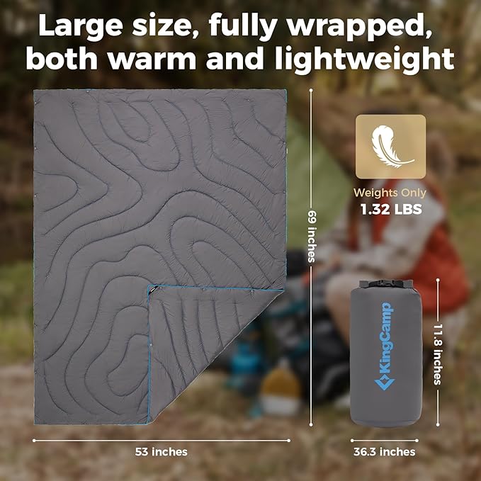 KingCamp Ultralight Camping Blanket Packable Down Alternative Puffy Wearable Blankets Weatherproof Warm Package Quilt with Snap Buttons & Corner Loops for Outdoor Travel Stadium (69" L x 53" W, Grey)