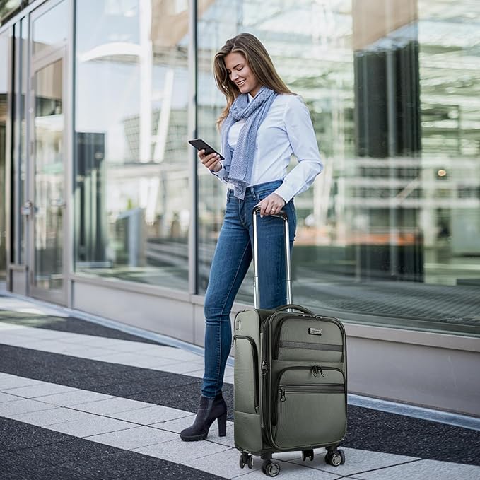 KROSER Softside Expandable Carry On Luggage with Spinner Wheels & Built-in TSA Lock, Durable Suitcase Rolling Luggage with USB Port, Carry-On 20-Inch, Army Green