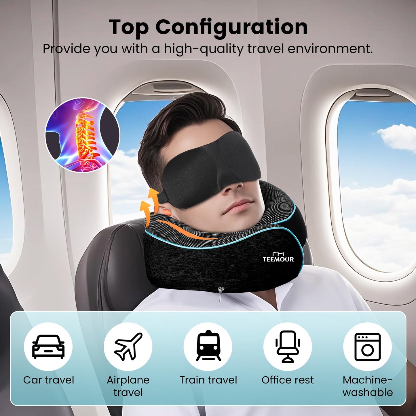 Upgraded Neck Pillow for Airplane Travel - 360° Support Stops Head Bobbing, Memory Foam Travel Pillow With Eye Mask & Earplugs, Portable Carry Bag for Long Flights/Car| Best Airplane Accessories Black