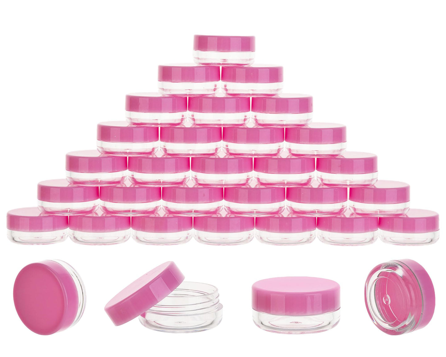 200 Count 3 Gram Sample Containers, Clear Lip Balm Containers with Lids, Small Plastic Sample Jars with 12 Mini Spoons, 200pcs Labels (Pink Lid)