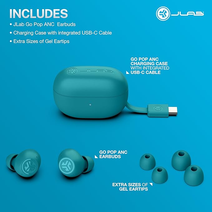 JLab Go Pop ANC True Wireless Earbuds & Charging Case, Teal, Active Noise Cancelling, 10mm Drivers, Dual Connect, Customize Your Sound with App, Be Aware Mode, Compact Fit, MEMS Microphone