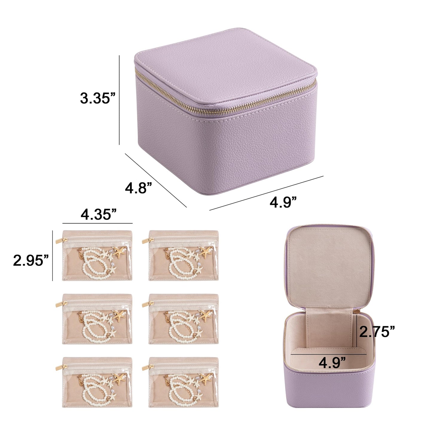 Frebeauty Small Travel Jewelry Box,Travel Jewelry Case with 6 Pouch Bags,Portable Travel Jewelry Organizer,Mini Jewelry Storage,3.35 x 4.9 x 4.8 Inches,Gift Idea for Women Girls (Purple)