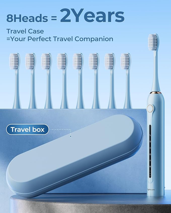 Blue Electric Toothbrushes, with 8 Brush Heads, 1 Travel Toothbrush Case, for Adults and Kid Electric Toothbrush, Long 180-Day Battery Life, 6 Modes, IPX7 Waterproof, Smart 2-Minute Timer.