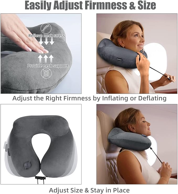 urophylla Inflatable Travel Neck Pillow for Airplanes, Super Soft Velvet Neck Support, Adjustable Firmness, Blow Up Plane Pillow for Long Flights, Road Trips, Travel Essentials with Eye Mask, Earplug