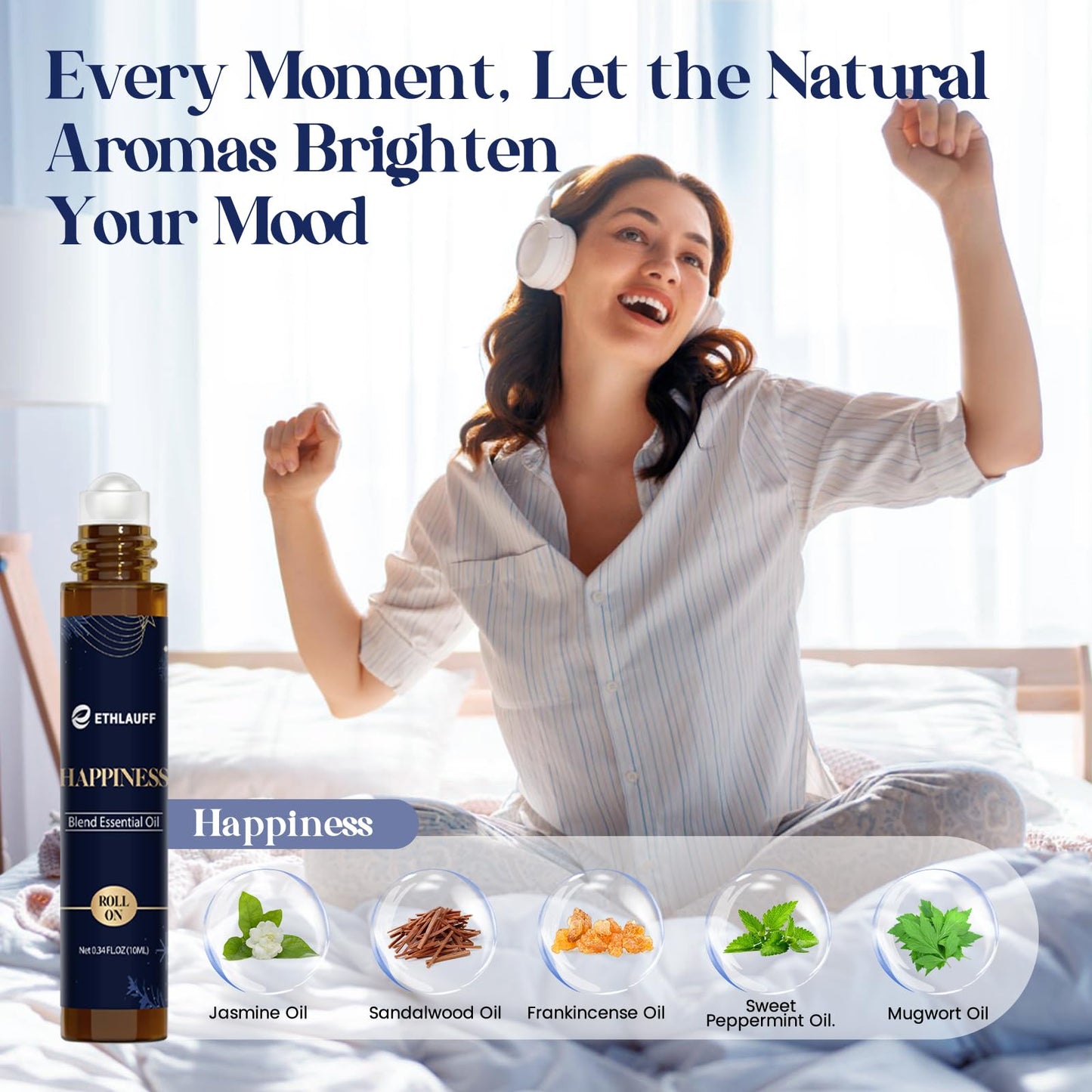 Ethlauff Essential Oil Roller Set, (Sleep, Relax, Happiness) Aromatherapy Roll On for Body Skin Care, Home - Natural Aromatherapy Gift, Relaxtion Gift, Stress Relief Gift for Women and Men