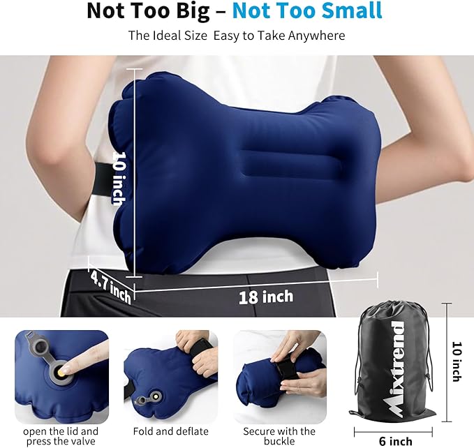 Mixtrend Travel Lumbar Pillow Inflatable Lumbar Support Pillow with Memory Foam, Back Support Pillow for Airplane Long Flight, Essential Travel Support Pillow for Women Men Kids（Navy Blue）
