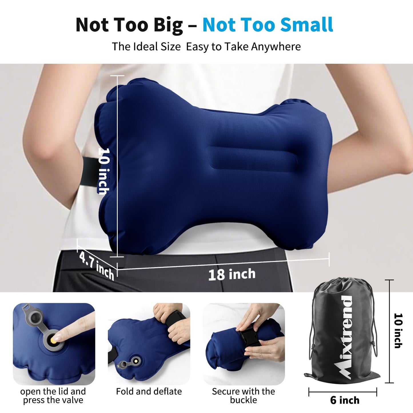 Mixtrend Travel Lumbar Pillow Inflatable Lumbar Support Pillow with Memory Foam, Back Support Pillow for Airplane Long Flight, Essential Travel Support Pillow for Women Men Kids（Navy Blue）