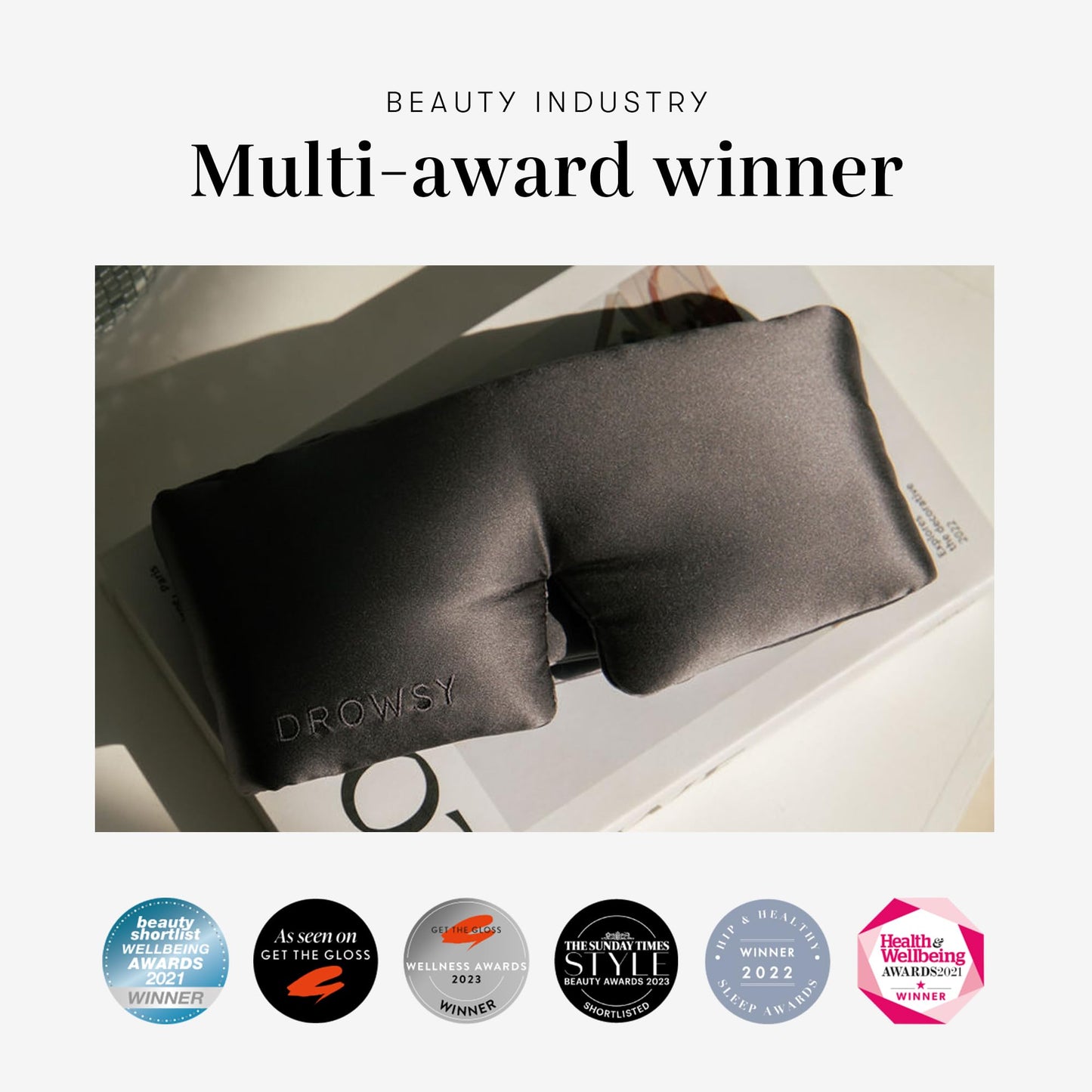 DROWSY Eyelash Protecting Silk Sleep Mask for Natural Lashes & Extensions. Deep Eye Cups, Zero Pressure, Total Blackout, Full Wraparound (Moonlight Shadow)