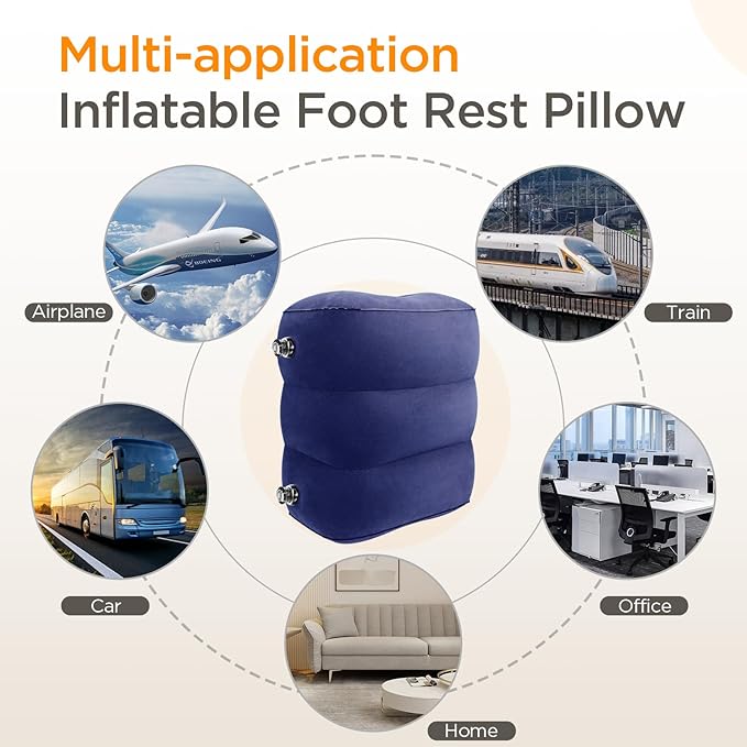 HOMCA Inflatable Travel Foot Rest Pillow, Adjustable Height Leg Pillow，Fast Inflating Airplane Bed for Toddlers，Footrest Pillow for Office, Airplane，Train，Cars，Home (Blue)