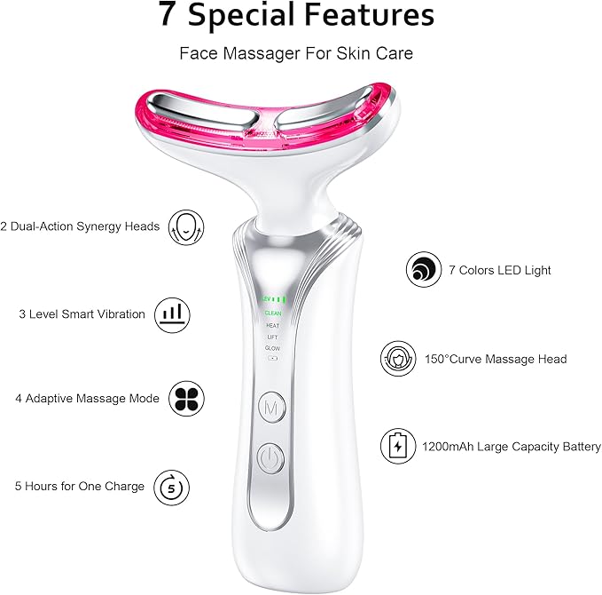 7 in 1 Multifunctional Facial Massager, Red Light Therapy for Face, Beauty Skin Care Tool for Face and Neck, Portable Facial Massager for Wrinkles and Skin Care-White