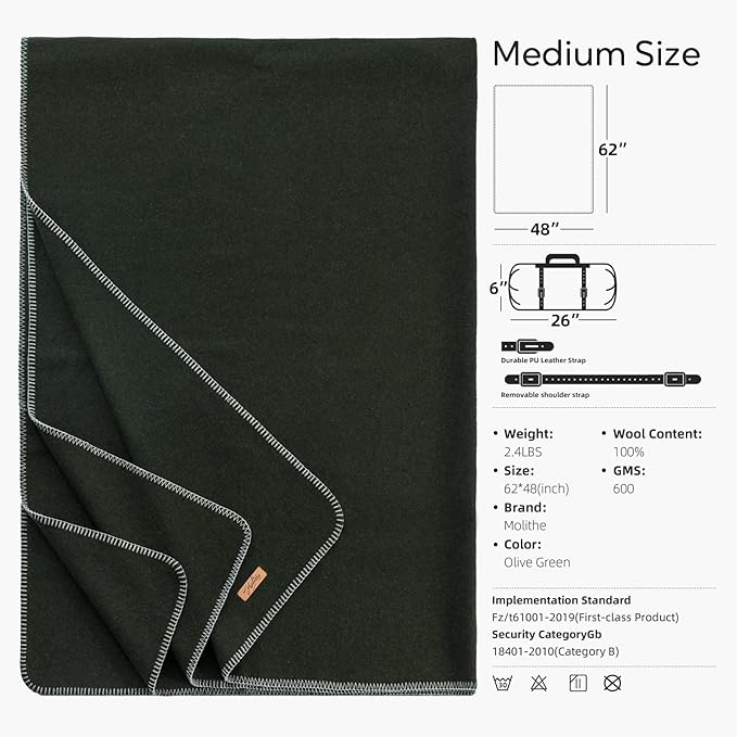 100% Wool Blanket, 48" x 62", Warm, Thick, Washable, Military Wool Blanket, Great for Camping, Outdoors, Sporting Events, Survival Kits，Olive Green