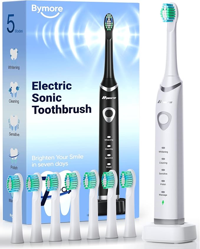 Bymore Electric Toothbrush for Adults,Kids ElectricToothbrush,Travel Sonic Kids Toothbrush with 8 Replacement Heads,Ultra Soft RechargeableToothbrush - Pure White