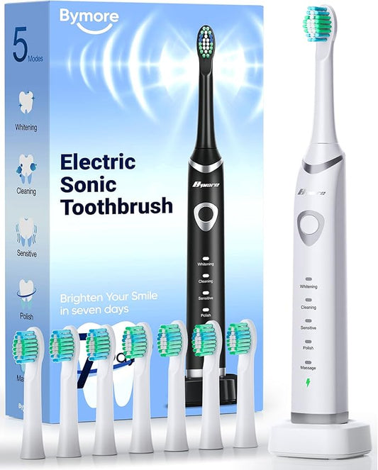 Bymore Electric Toothbrush for Adults,Kids ElectricToothbrush,Travel Sonic Kids Toothbrush with 8 Replacement Heads,Ultra Soft RechargeableToothbrush - Pure White