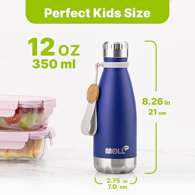 12 oz Stainless Steel Double Wall Vacuum Insulated Water Bottle for Kids for School-Reusable Metal Leak Proof Sports Flask for Boys(Navy Blue)