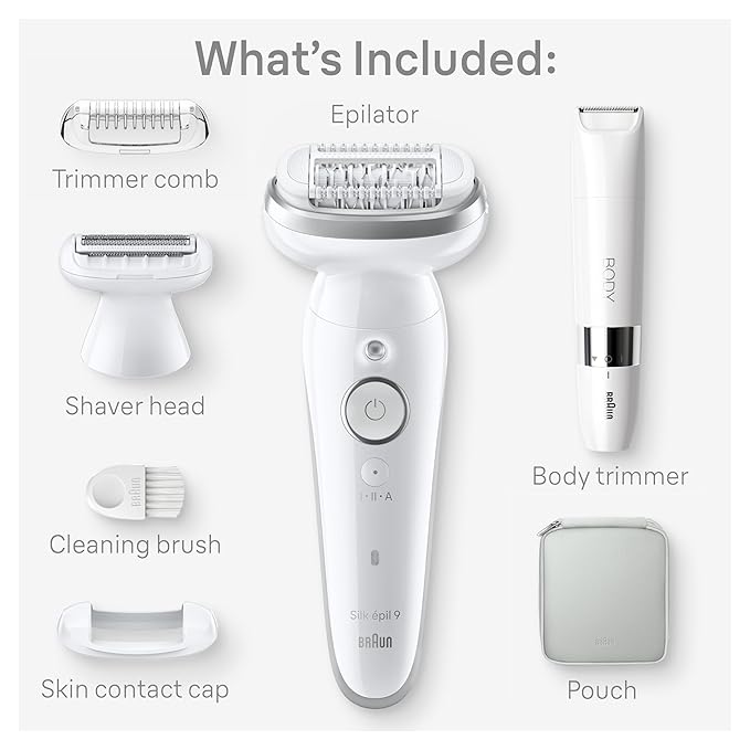 Braun Silk-épil 9 Epilator, Pivoting Head, Wet and Dry, Includes Body Trimmer, Shaver Head and Trimmer Comb,SES9-441