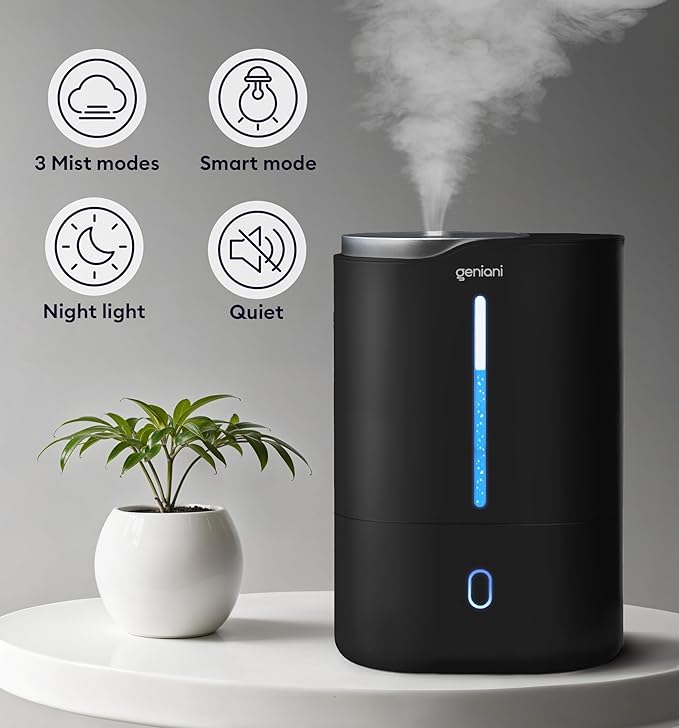 Top Fill Humidifier with Essential Oil Diffuser 6L for Home, Baby, Bedroom, Large Room & Indoor Plants, Cool Mist Ultrasonic Quiet Air Humidifiers, Automatic Humidity Control, Night Light (6L, Black)