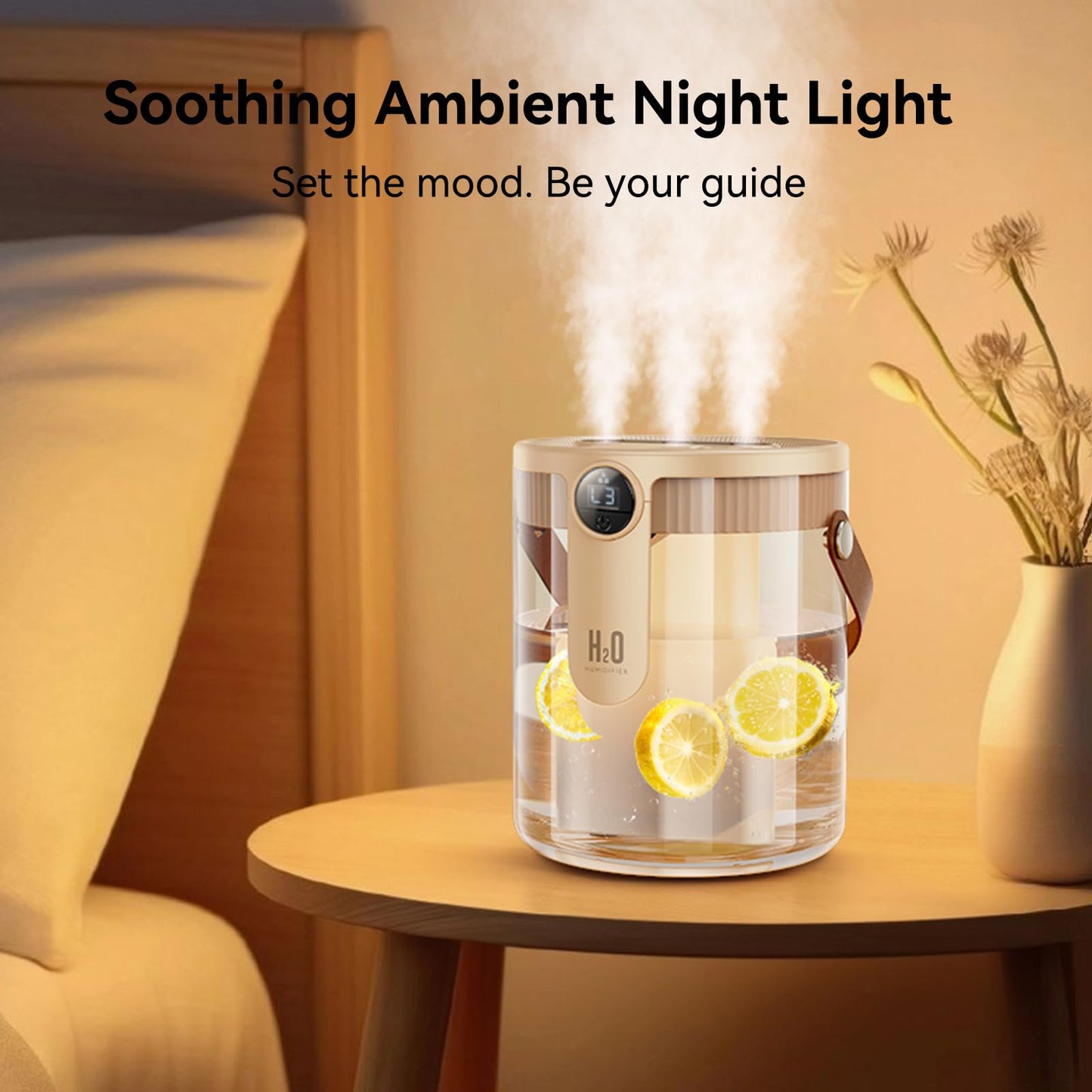 KIMMOO Smart Humidifiers for Bedroom, Rechargeable Top Fill Humidifier with Night Light, 1.4L Cool Mist Humidifier for Office Home Plant and Baby, 3-Speed Mist Control, Quiet, Auto Shut-Off, Beige