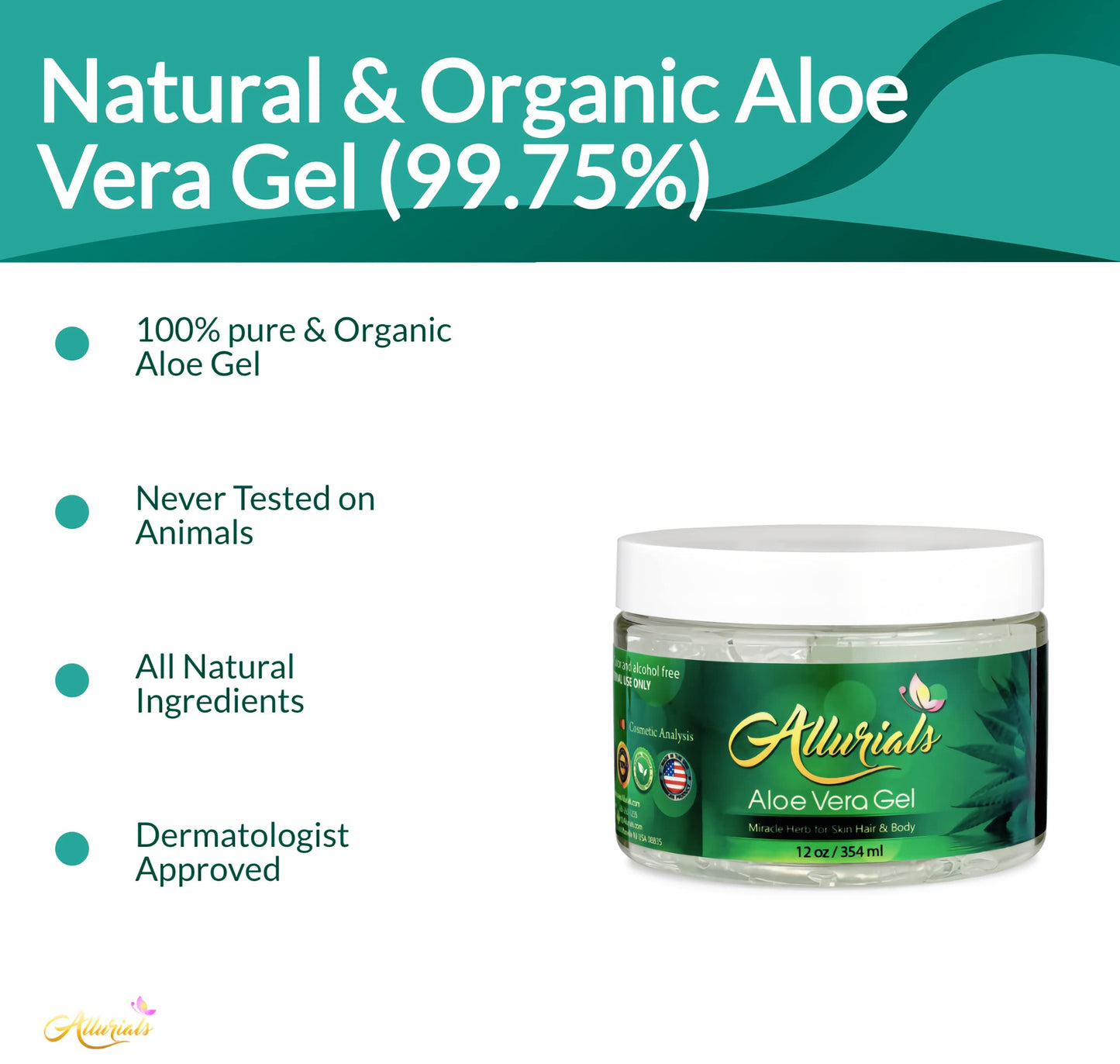 Allurials 99.75% Pure & Organic Aloe Vera Gel - Made in USA, Clinically tested & Dermatologist approved, Hydrates & Heals Dry & Damaged Skin & Hair- 12 Oz