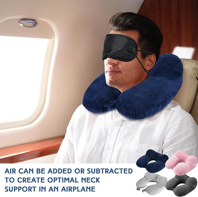 Sintuff 4 Sets Inflatable Travel Pillows for Airplanes with Compact Bag and Blindfold Velvet Inflatable Neck Pillow for Traveling Head Support U Shaped Flight, 12 x 12 x 5.5 Inch (Assorted Colors)
