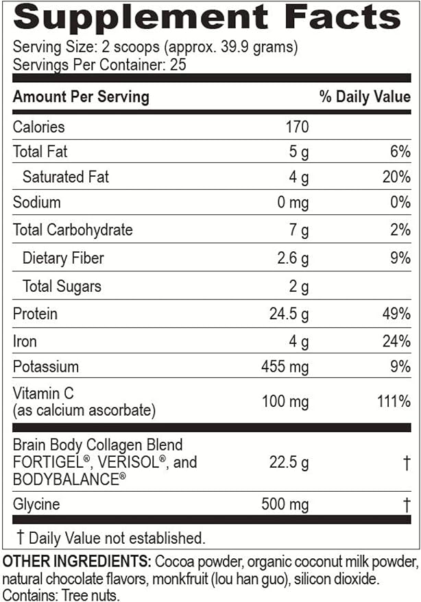 Brain Body Collagen Peptides Powder - Vital Protein & Collagen Supplement for Women & Men - Hydrolyzed Type I & III for Hair Skin, Nails & Joint Health - 25 Servings - Creamy Natural Chocolate - 997g