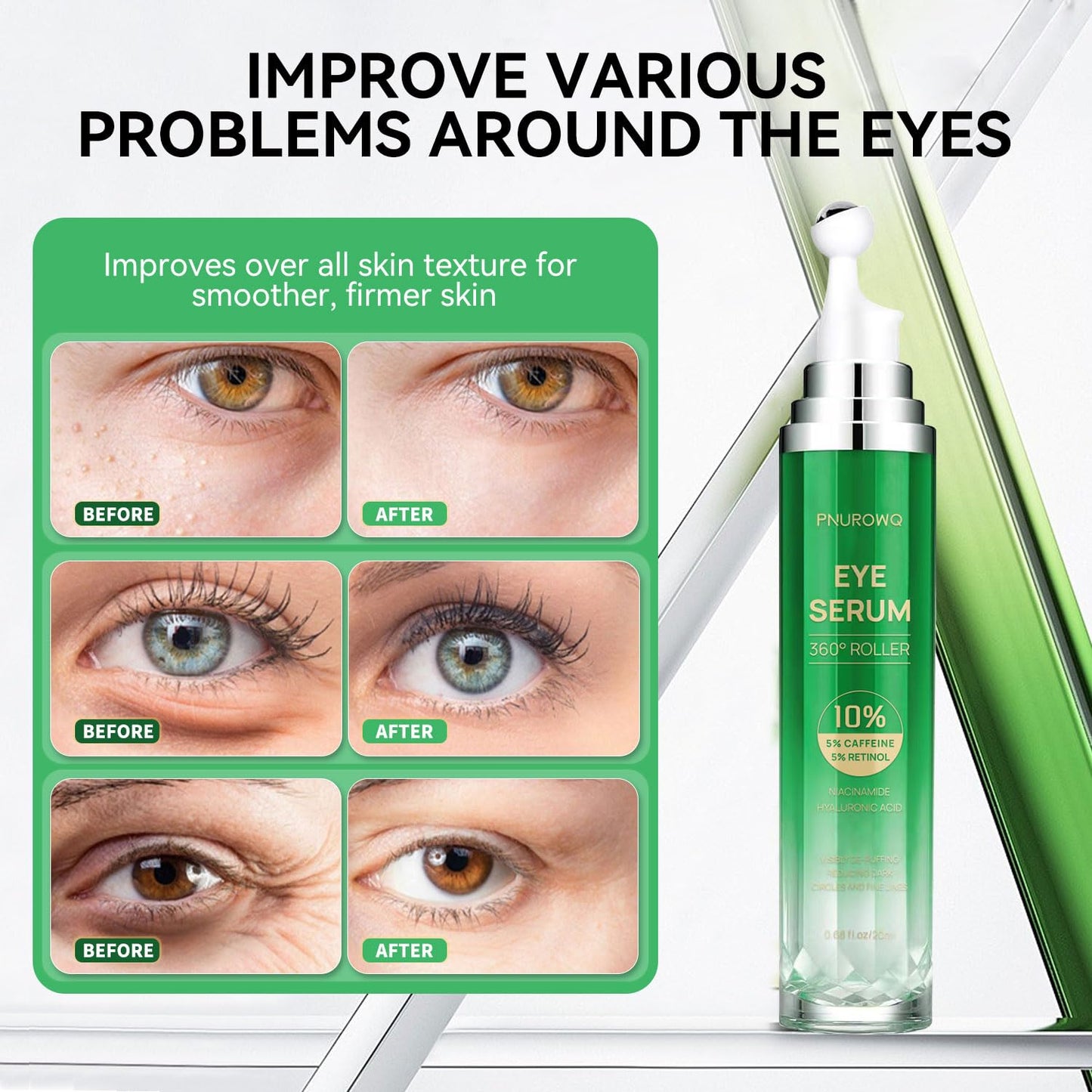 Eye Serum with 5% Caffeine & 5% Retinol for Dark Circles, Puffiness Puffy Bags & Wrinkles Fine Lines - Under Eye Roller Cream Anti Aging Treatment with 360° Massage Ball for Men and Women