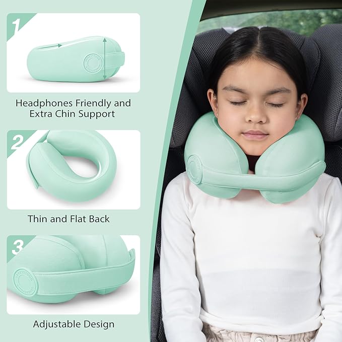 Car Pillow for Big Kids Travel Neck Pillows, Memory Foam Neck Support Travelling Pillow with Washable Cotton Pillowcases and Storage Bag, for Airplane, Train, Flight and Home Use Green
