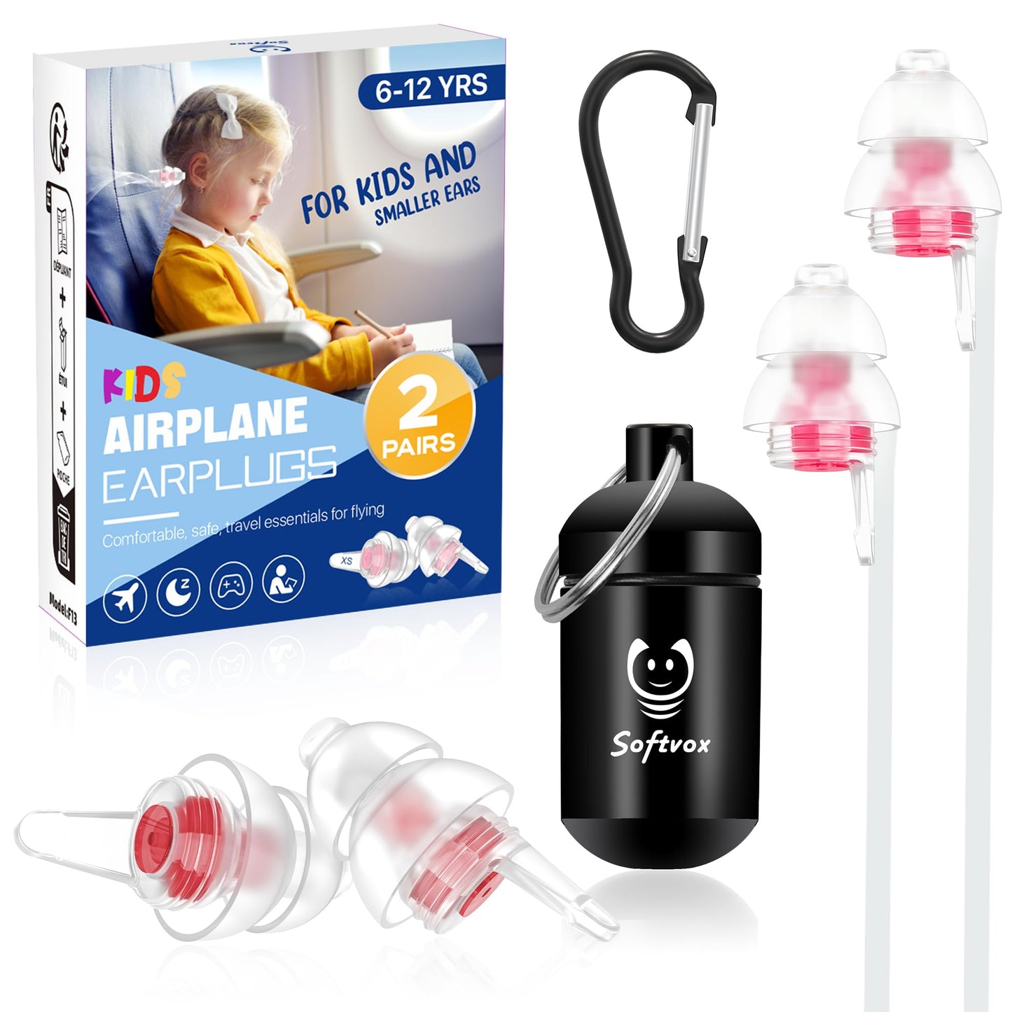 Softvox Kids Earplugs with String (6-12 yrs) – Ear Pressure Relief & Prevent Ear-Pain Airplane Travel Protection, Reusable Noise Sensitivity Ear Plugs for School, Home, Playtime, Beyond, 25 dB