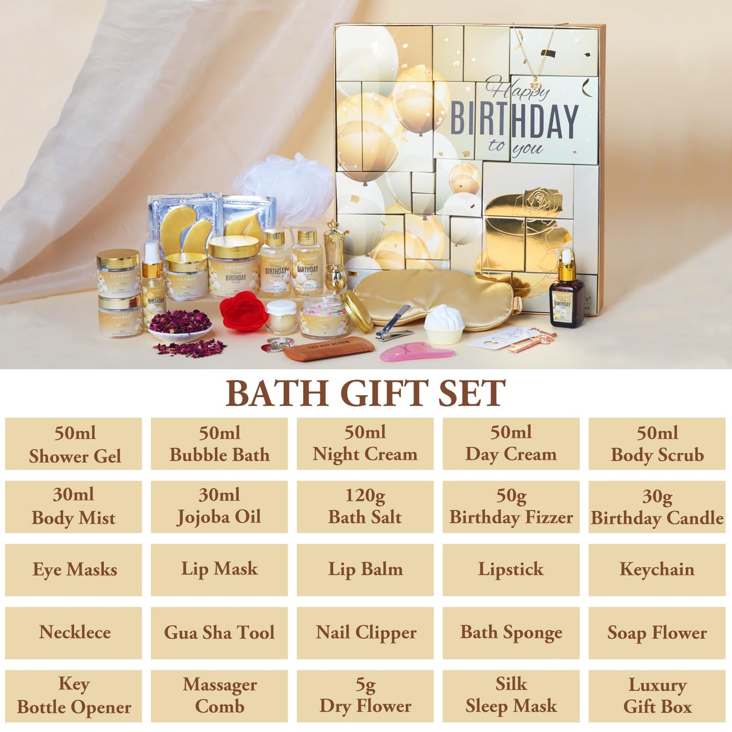 24Pcs Happy Birthday Gifts for Women Mom - Luxury Birthday Presents Spa Gift Set, Bath and Body Gift for Sister Girlfriend Wife Grandma with Necklace, Birthday Gift Set Idea for Women Female Friends