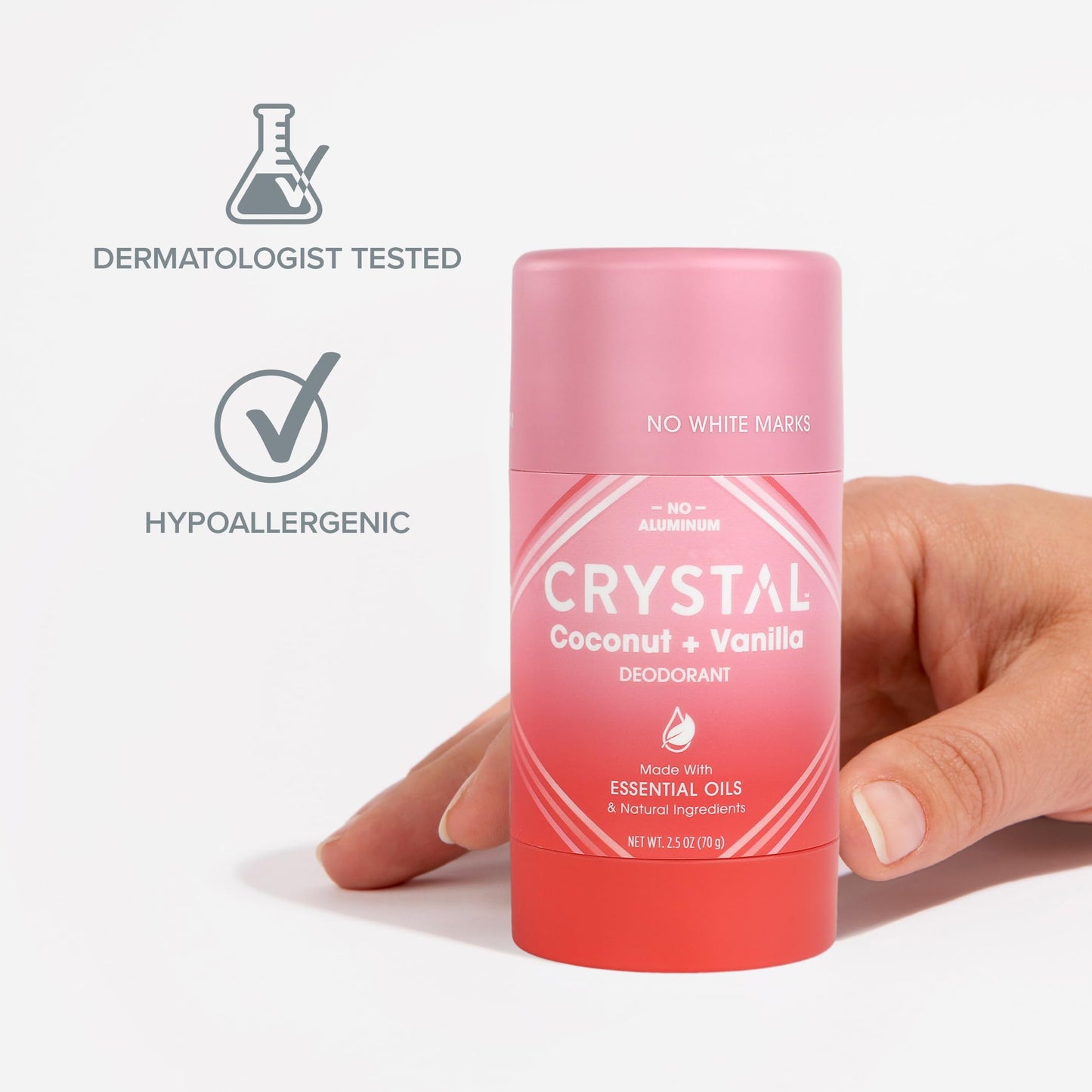 Crystal Magnesium Solid Stick Natural Deodorant, Non-Irritating Aluminum Free Deodorant for Men or Women, Safely and Effectively Fights Odor, Baking Soda Free, Coconut + Vanilla, 2.5 oz