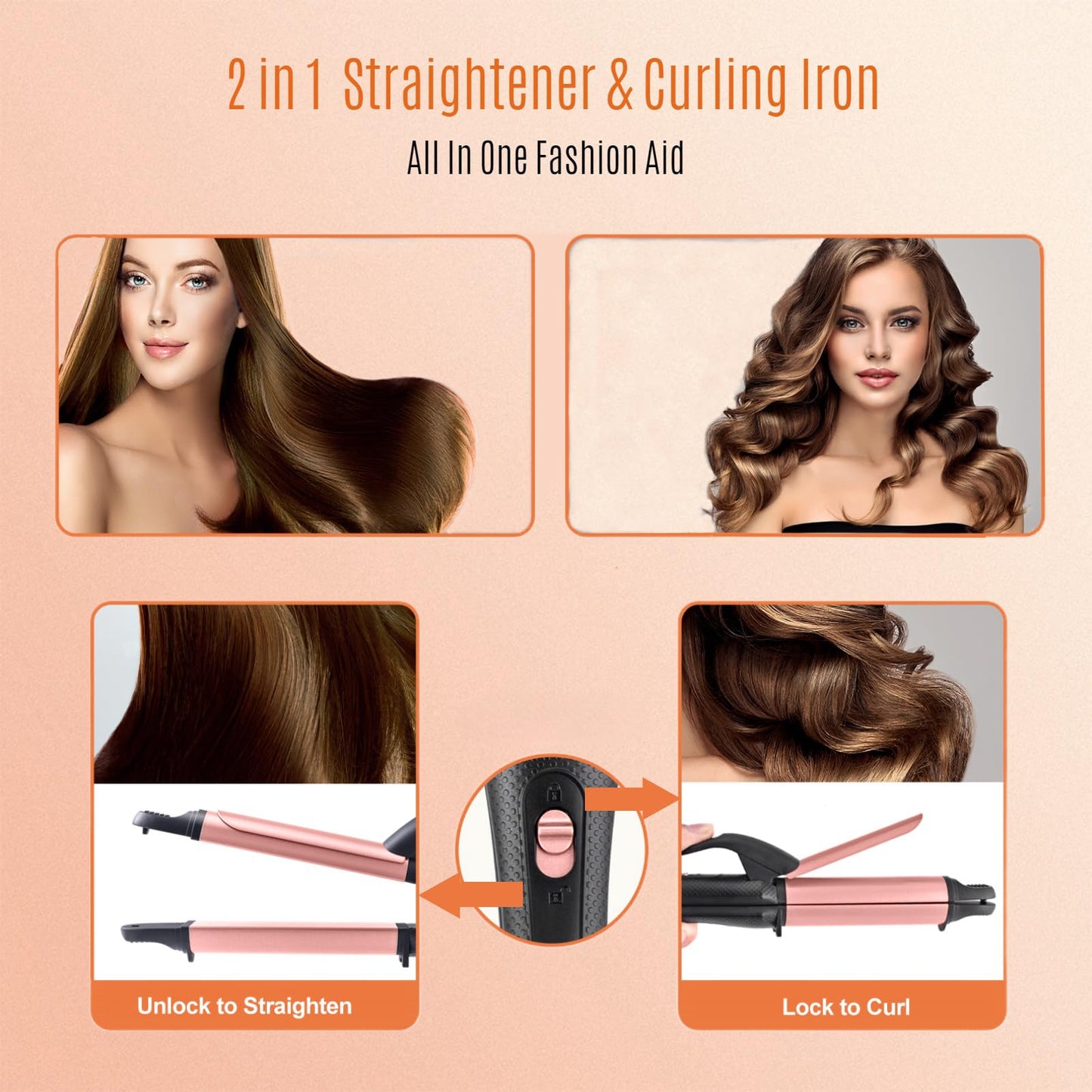 JYfeel 2 in 1 Flat Iron Curling Iron in One, Travel Hair Straightener and Curler Dual Voltage Mini Straightener Curler Combo with 1 Inch Ceramic Plate Rose Gold