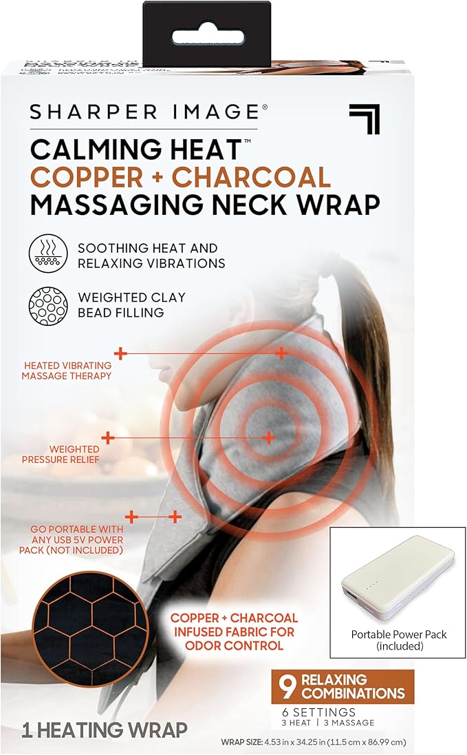 Calming Heat Neck Wrap Includes Portal Power Pack by Sharper Image Copper & Charcoal Infused Personal Electric Neck Heating Pad with Vibrations, 3 Heat & 3 Vibration Settings- 9 Relaxing Combinations