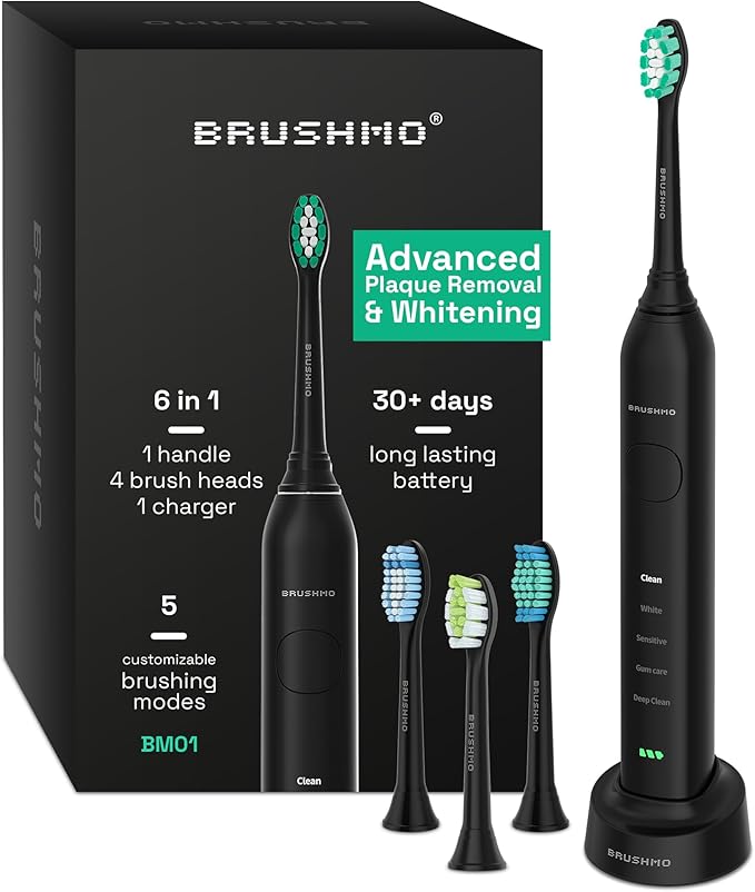 Brushmo Super Sonic Electric Toothbrush with 4 Replacement Heads - Rechargeable Electronic Tooth Brush for Adults with 5 Customizable Modes - IPX7 Waterproof & Long-Lasting Battery - Black