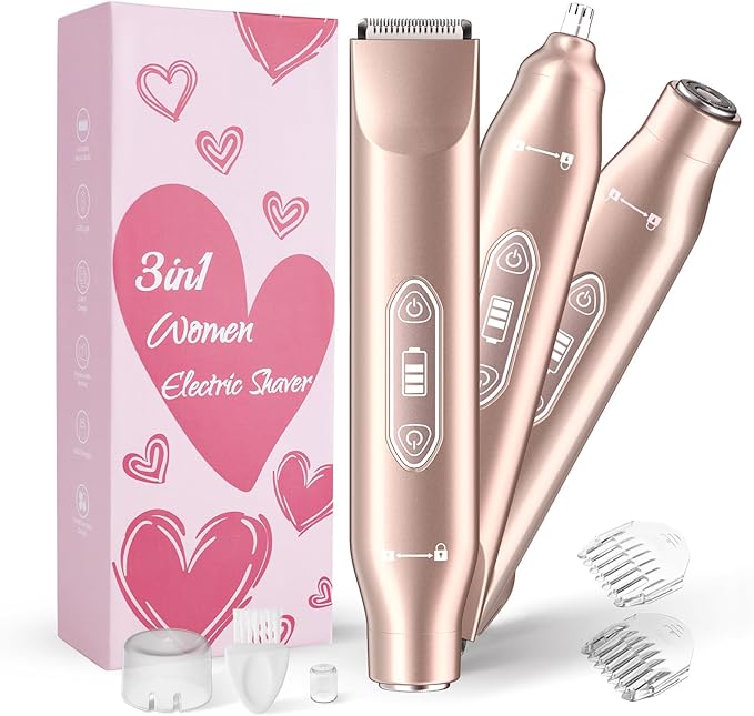 Bikini Trimmer for Women，3 in 1 Electric Razor with Ceramic Blades, IPX7 Waterproof, USB Rechargeable, Painless Hair Removal for Face，Body，Bikini Area, Travel Grooming Kit (Rose Gold)