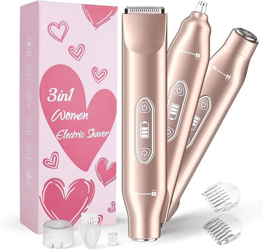 Bikini Trimmer for Women，3 in 1 Electric Razor with Ceramic Blades, IPX7 Waterproof, USB Rechargeable, Painless Hair Removal for Face，Body，Bikini Area, Travel Grooming Kit (Rose Gold)
