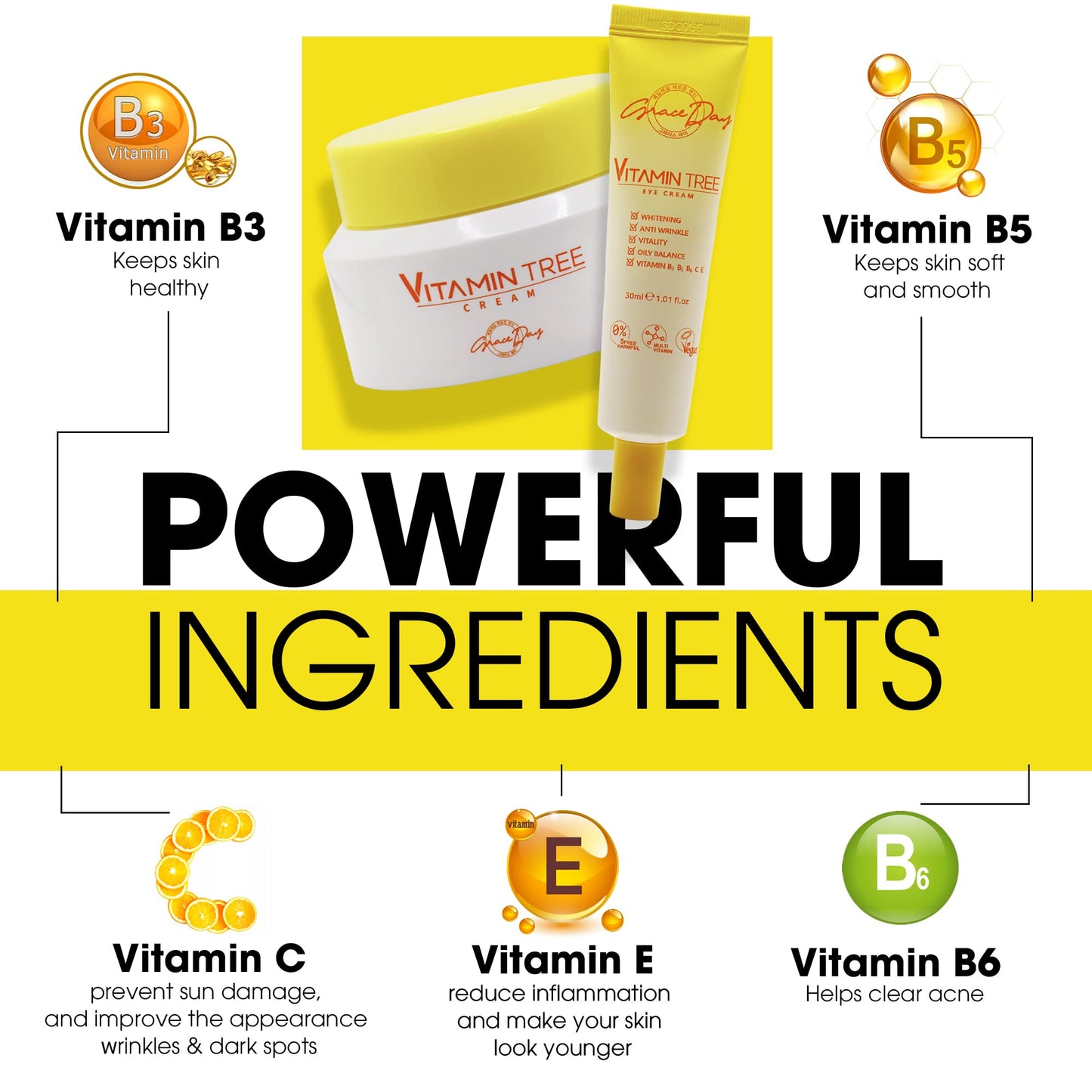 100% Certified Vegan Vitamin Tree Cream. Contains Vitamin C, Provitamin B5, vitamin E & B3. Effective Against Acne & Dark Spots and Sun Damage. Anti-Aging, Anti-Wrinkle Day and Night Cream with Natural Ingredients. 1,69 oz – Made in Korea (Face Cream)