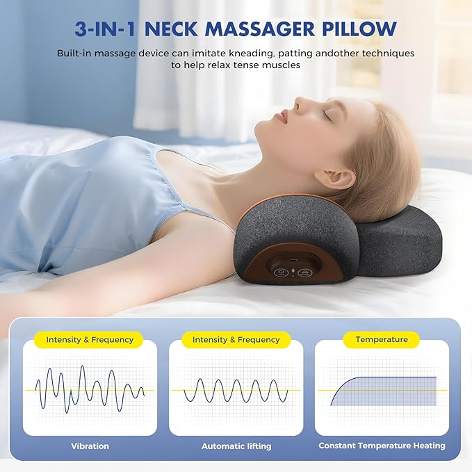 3-in-1 Neck Massager Pillow with Heating and Cervical Traction - Deep Tissue Massage for Pain Relief, Ergonomic Shoulder Massage Pillow, Neck Hump Corrector Ideal Gift for Women and Men