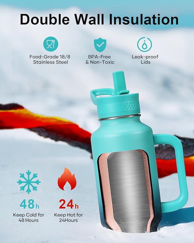 BUZIO Stainless Steel Water Bottle Fits in Cup Holder with Straw Spout Lid, 40 oz Insulated Tumbler with Handle, Double Wall Travel Mug Keep Cold 48hrs Hot 24hrs, Caribbean Blue