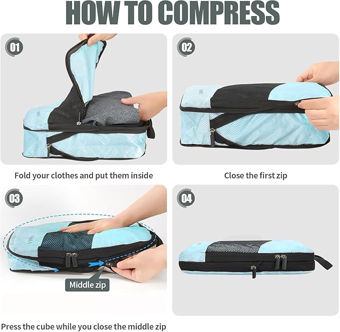 Compression Packing Cubes for Travel, Space Saving Vacation Travel Essentials, Travel Accessories for Suitcase Organizer Bags Set, Durable Luggage Organizer Travel Bags (sky-blue)
