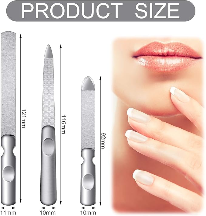 3 Pcs Stainless Steel Nail Files Kit with Leather Case, Double Sided Metal Nail Files with Anti-Slip Handle for Women and Men, Metal File Buffer Manicure Pedicure Tools for Fingernail Toenail(Black)