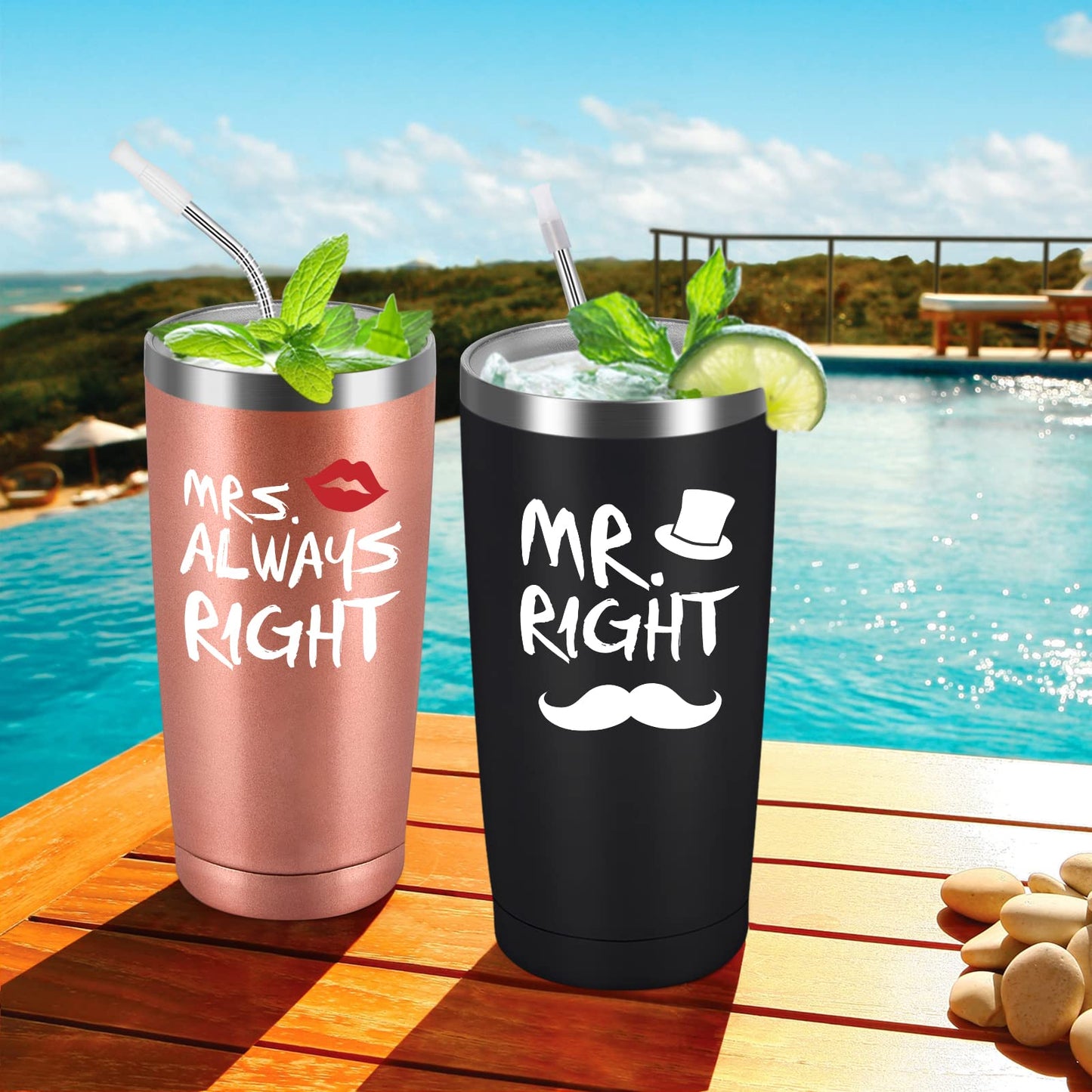Qtencas Mr. Right Mrs. Always Right Travel Tumbler Set, Wedding Engagement Gifts for Husband Wife Newlywed Couples Bride Groom Anniversary, 20oz Stainless Steel Tumbler, Black and Rose Gold