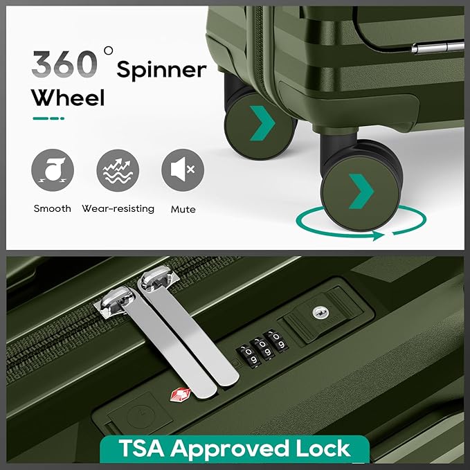 Joyway 20 Inch Carry on Luggage with Front Pocket, PC Hardshell Carry-on Suitcase with USB Port and Cup Holder, 21.5x14.2x9 Airline Approved, Luggage with Spinner Wheels and TSA Lock(Dark Green)