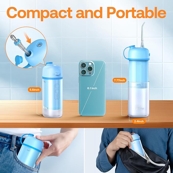 Bitvae P1 Water Dental Flosser, Travel Water Cleaner Picks, Cordless Mini Water Teeth Cleaners with Telescopic Water Tank, IPX7 Waterproof Oral Irrigator, Brace & Sensitive Teeth Care, Sky Blue