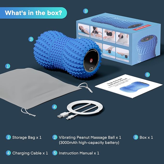 2 in 1 Vibrating Peanut Massage Ball with 6 Massaging Modes, Rechargeable Vibrating Massage Yoga Roller Ball for Muscle Recovery, Blue